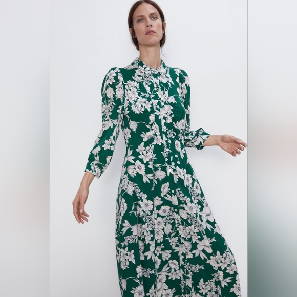 Zara Blogger Favorite Hem Floral Maxi Button Up Dress Size Medium - Picture 2 of 11